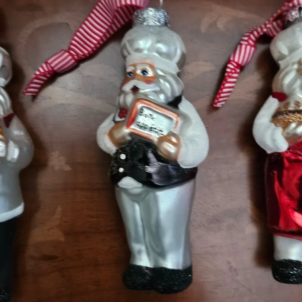 SET 2012 WILLIAMS-SONOMA SANTA CHEF COOK HAND PAINTED GLASS CHRISTMAS ORNAMENTS